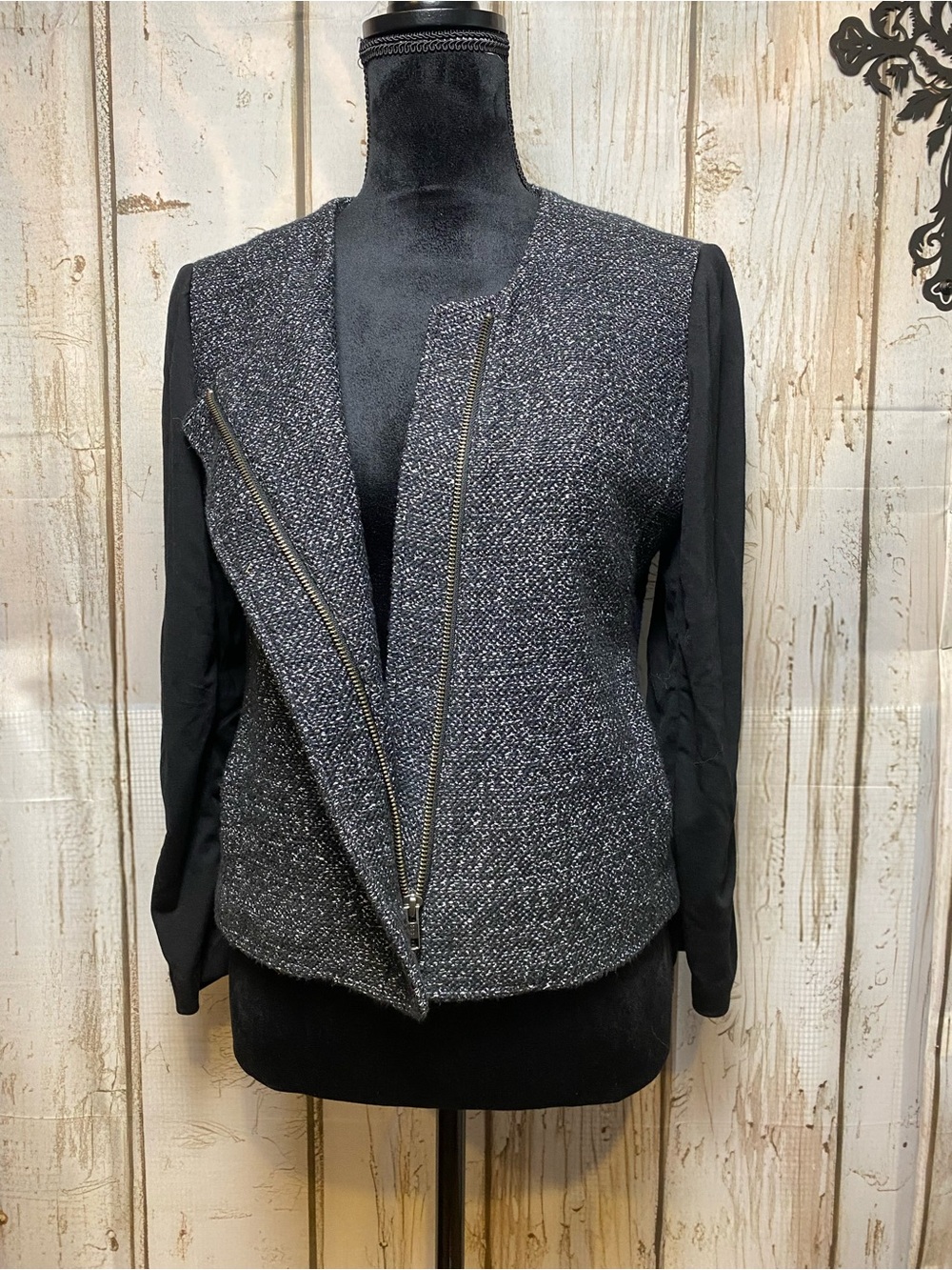 LOFT Black & Gray Tweed Zip-Front Blazer Sz-6
